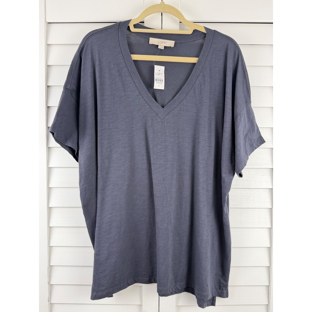 LOFT T-Shirt XL Blue V-Neck Short Sleeve Slub Knit Relaxed Fit NEW